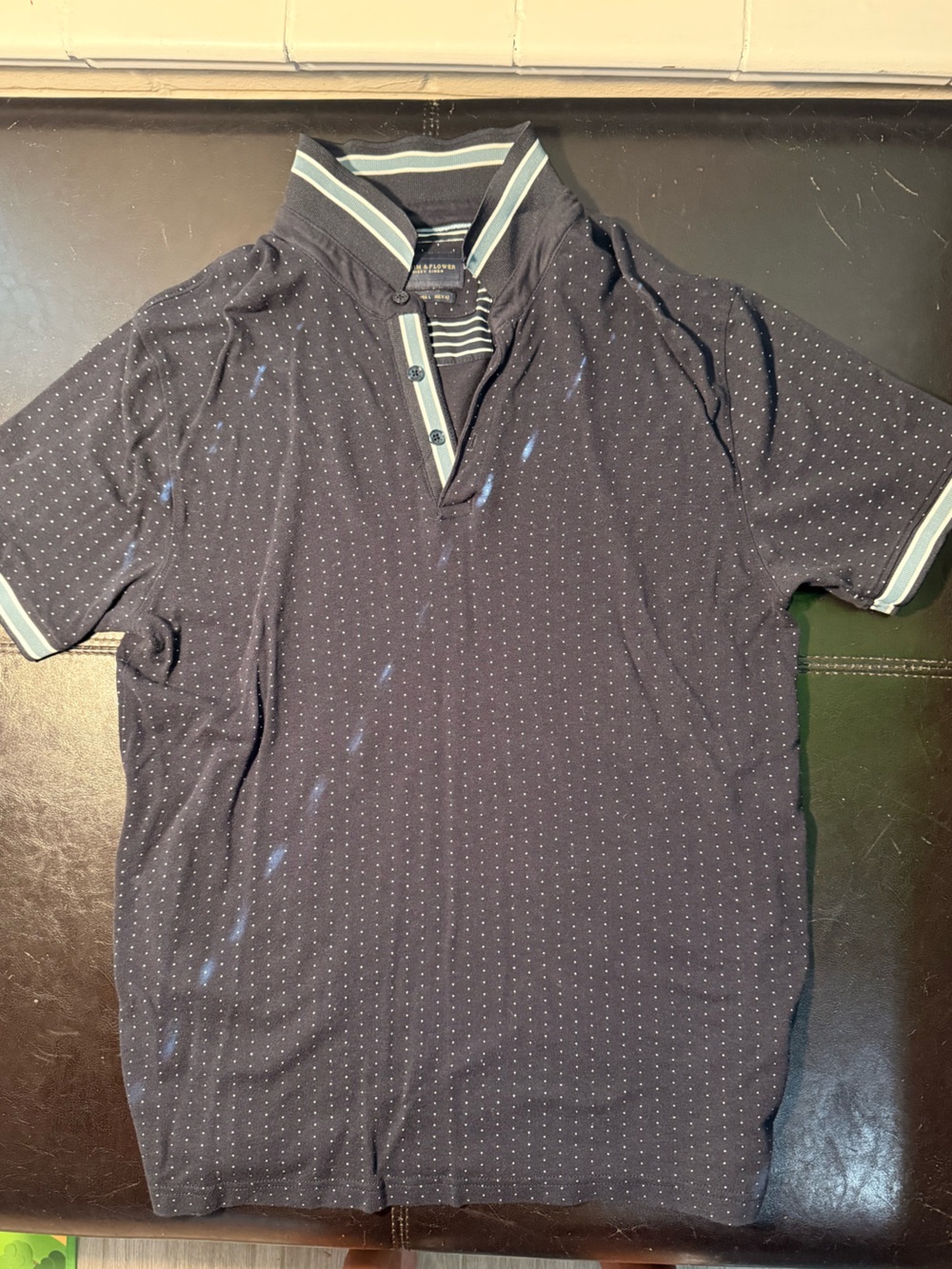 Denim & Flower Navy Polo with White Microdots and Light Blue Trim